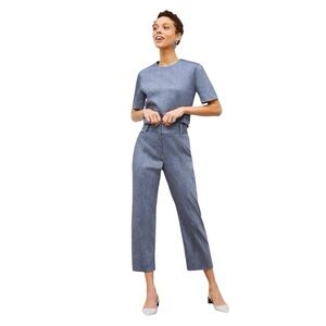 M.M. LaFleur Size 2 Chester Pant Slubbed Stretch Linen Blue Straight Leg Cropped